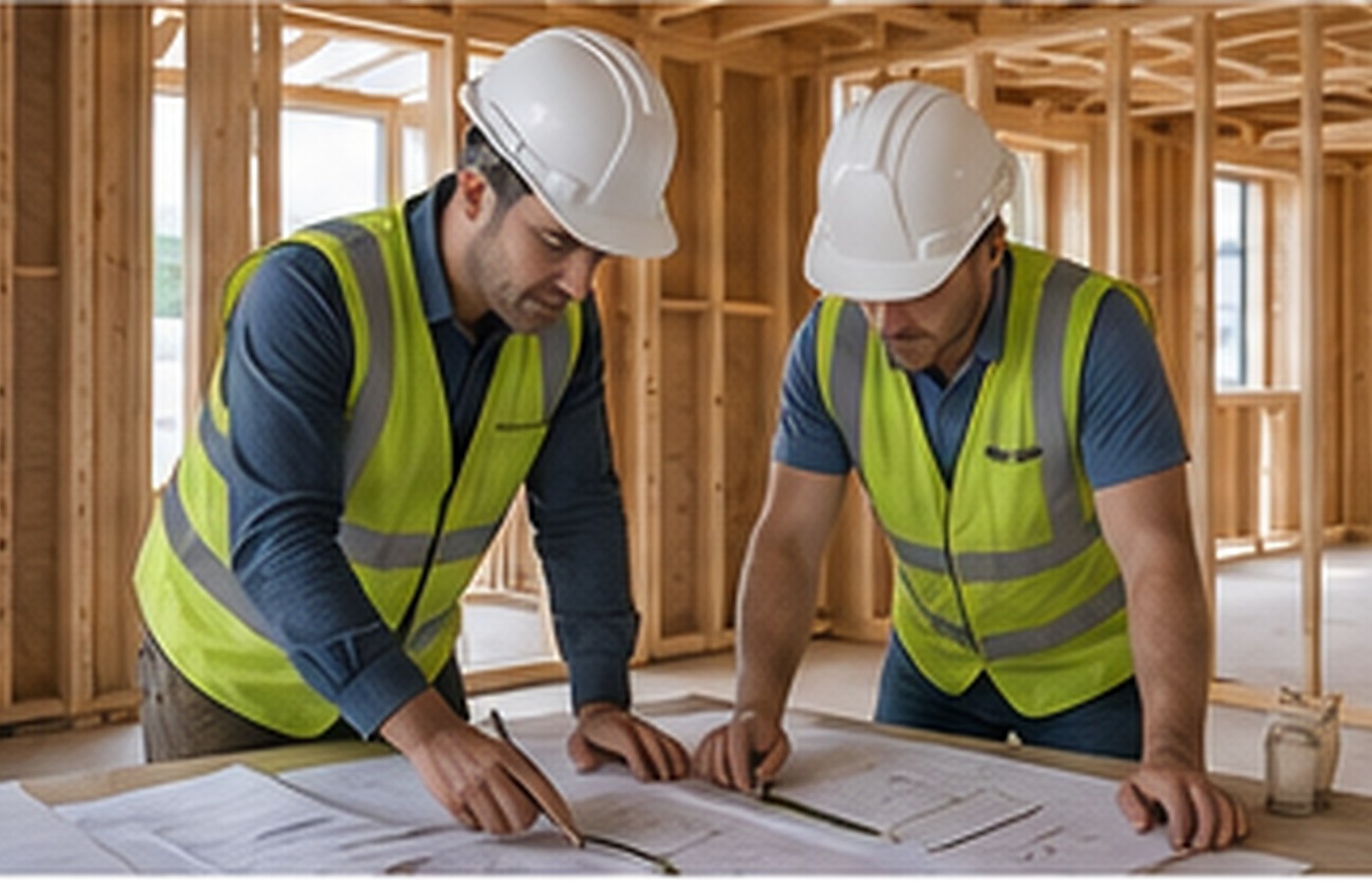 Construction workers reviewing plans on a modest project